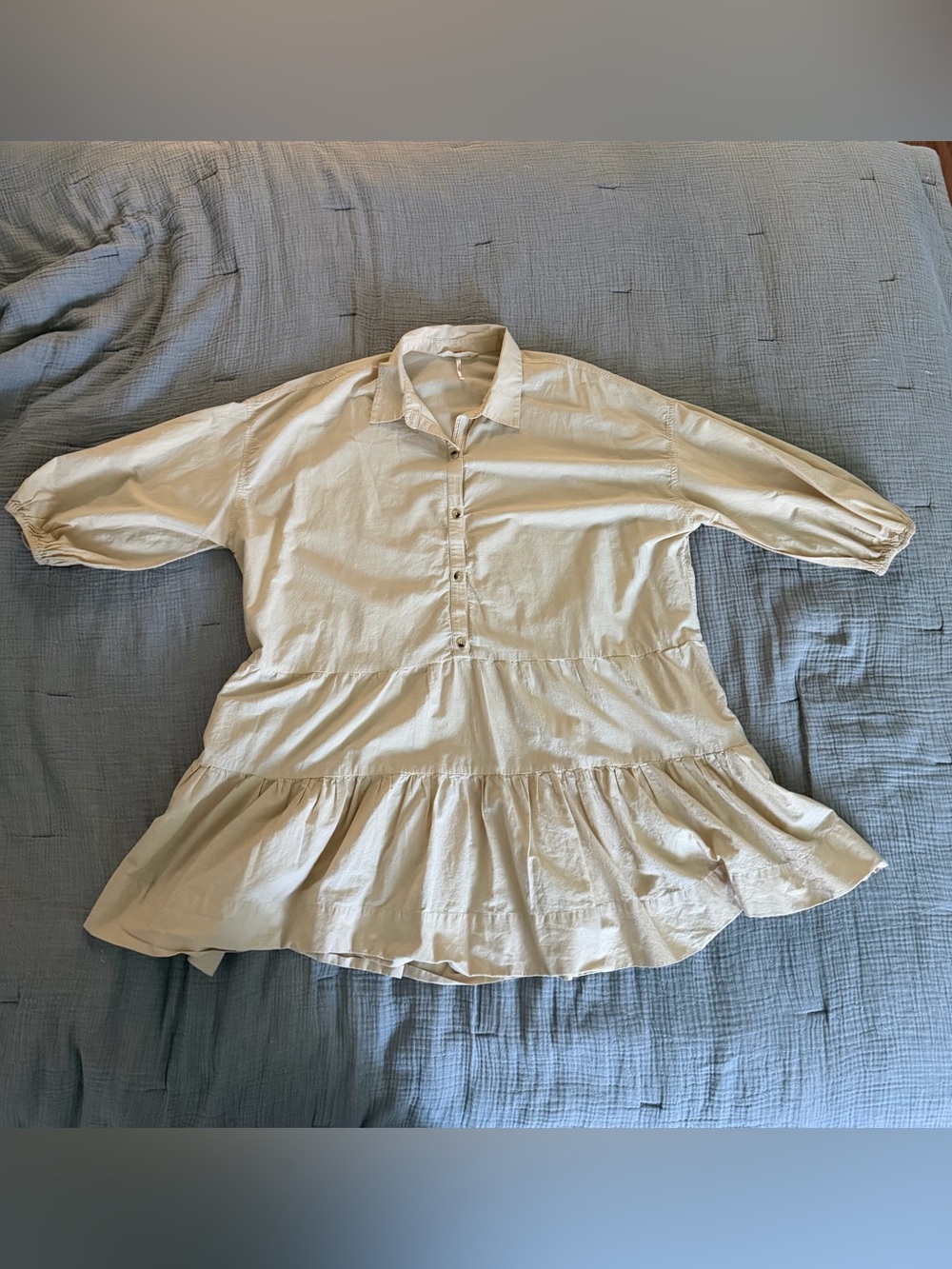 Free People Misha Mini Dress Tan Tiered Button-Front Balloon Sleeve Size L